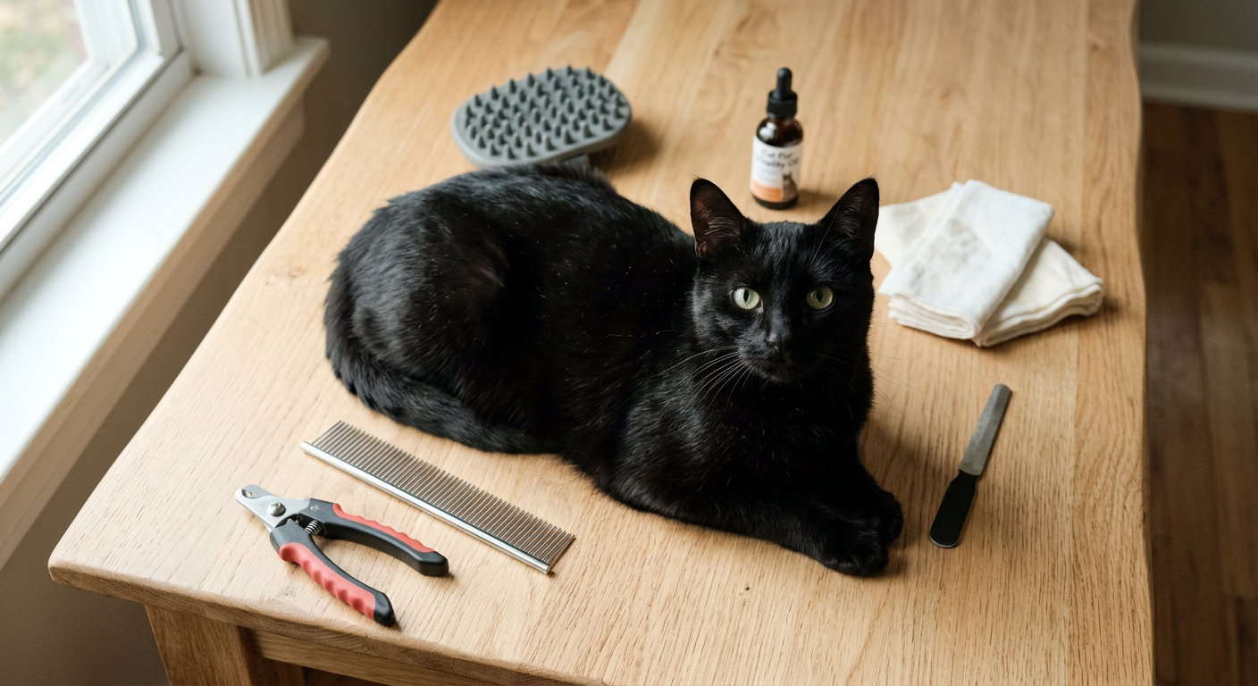 A selection of cat grooming tools including a slicker brush, metal comb, and nail clippers on a wooden table.