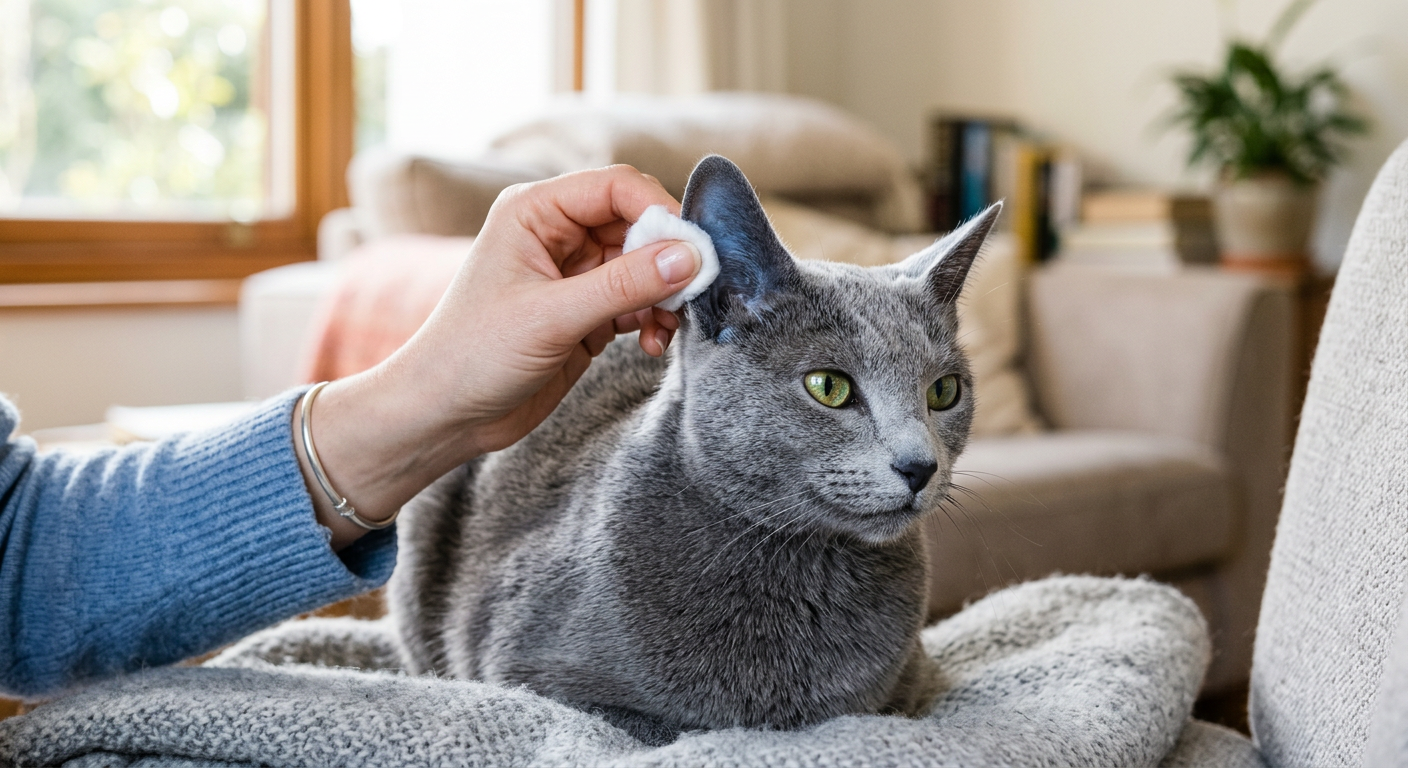 A person gently using a cotton ball to clean the ear of a calm Russian Blue cat.