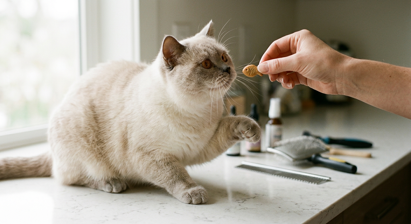 A fluffy Ragdoll cat sitting calmly while being groomed and receiving a small treat.