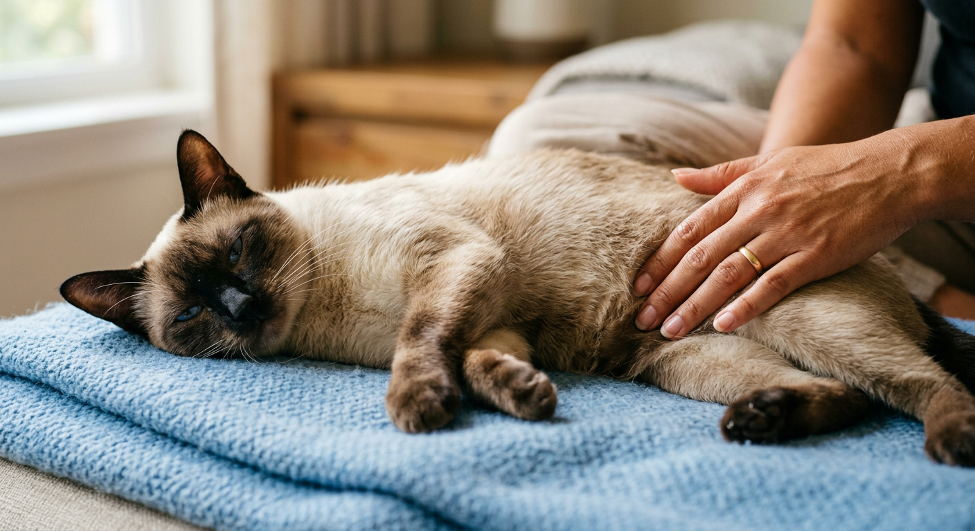 A person gently placing their hand on the chest of a calm Siamese cat to check its pulse.