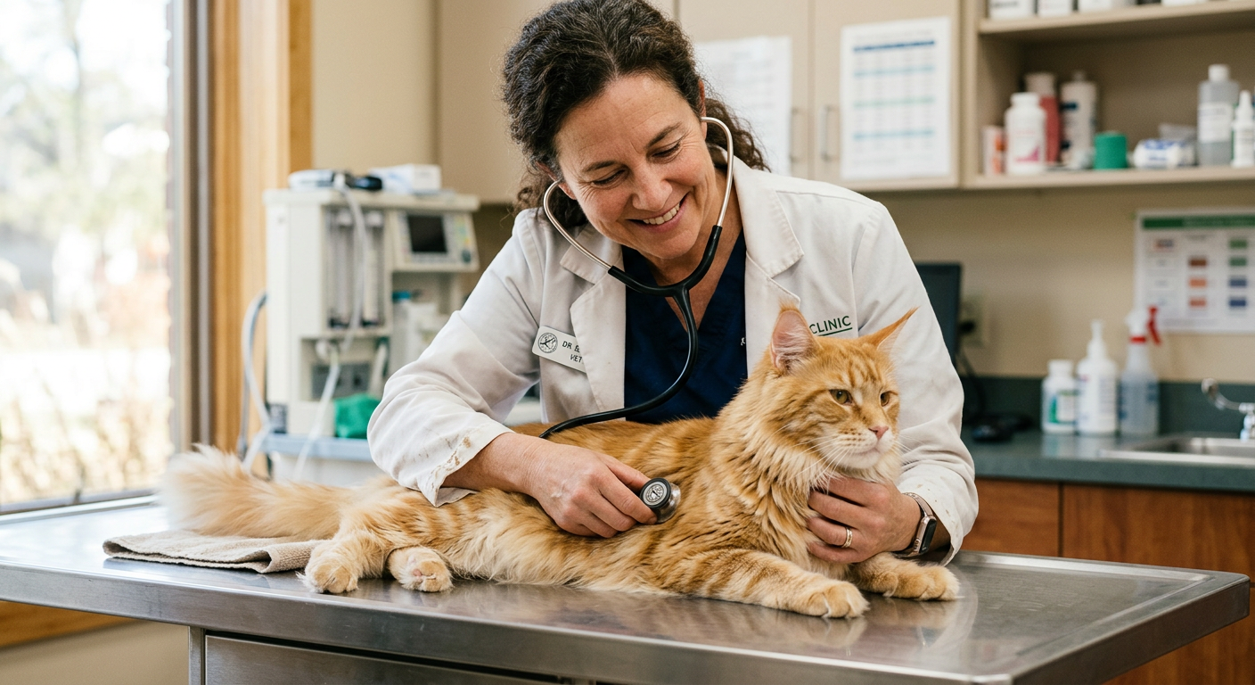 A professional veterinarian using a stethoscope to examine a calm orange tabby cat in a bright clinic.