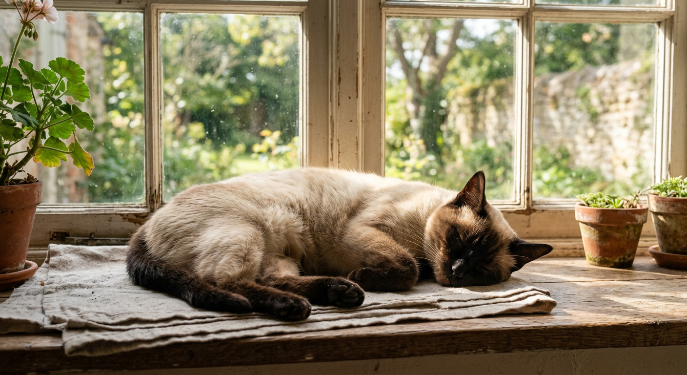 A graceful Siamese cat sleeping deeply on a sunlit windowsill with its paws curled.