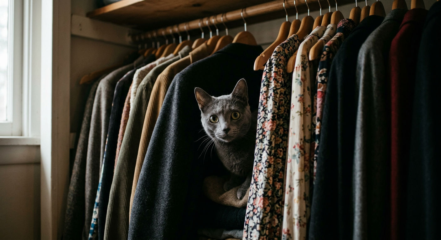 A fluffy tortoiseshell cat peeking out from behind hanging clothes in a dark closet.