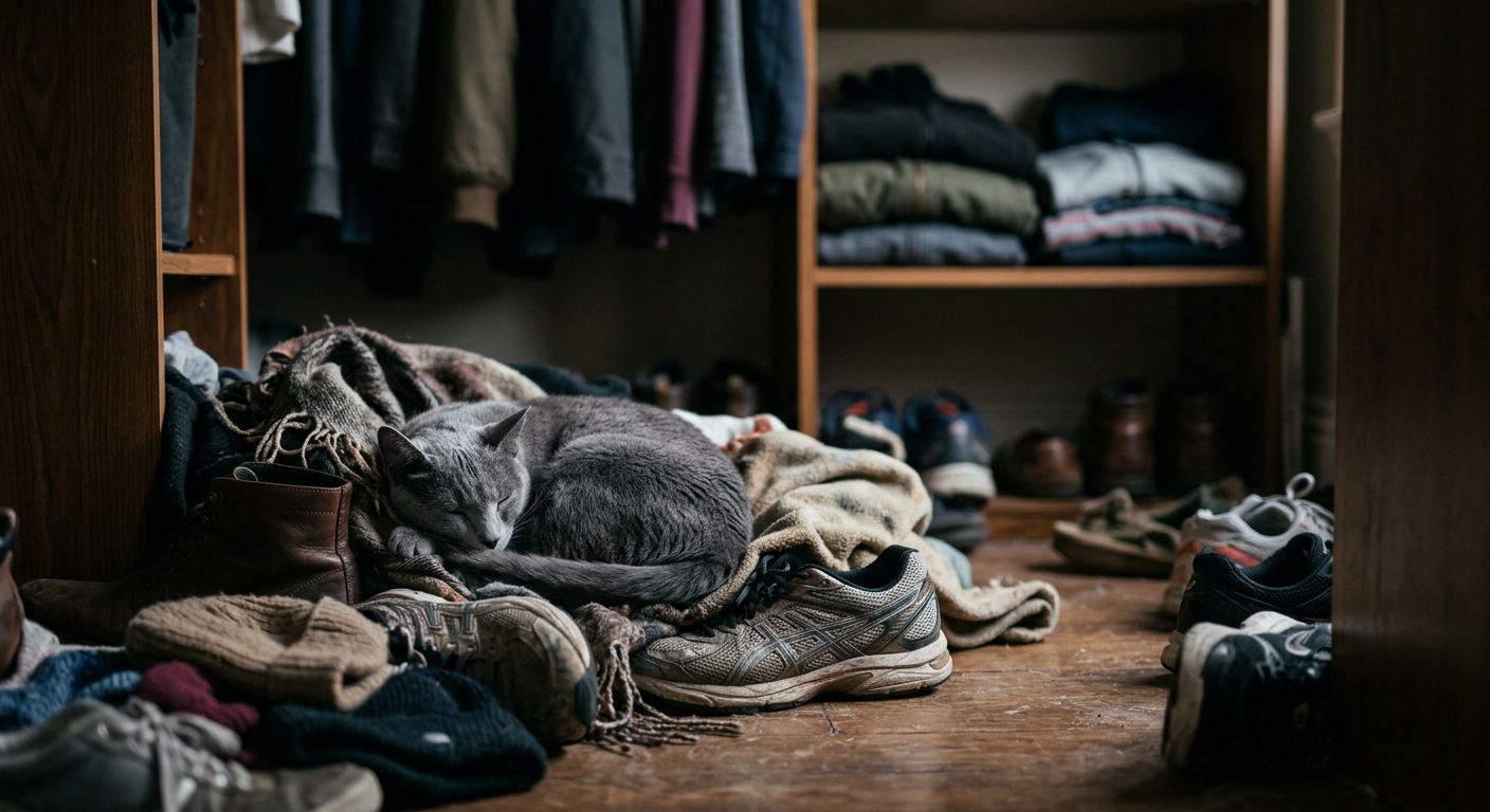 A shy Russian Blue cat sitting on a pile of shoes at the bottom of a closet.