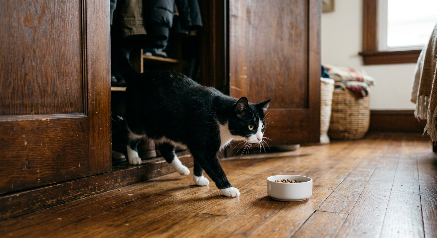 A ginger cat slowly emerging from a closet door toward a bowl of food.