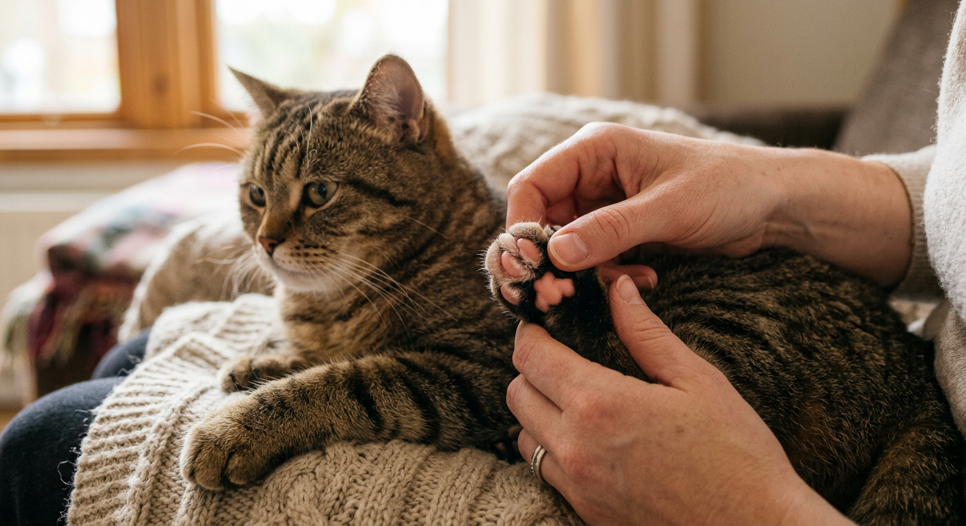 A person gently examining the front paw of a domestic shorthair cat sitting on a wooden floor.