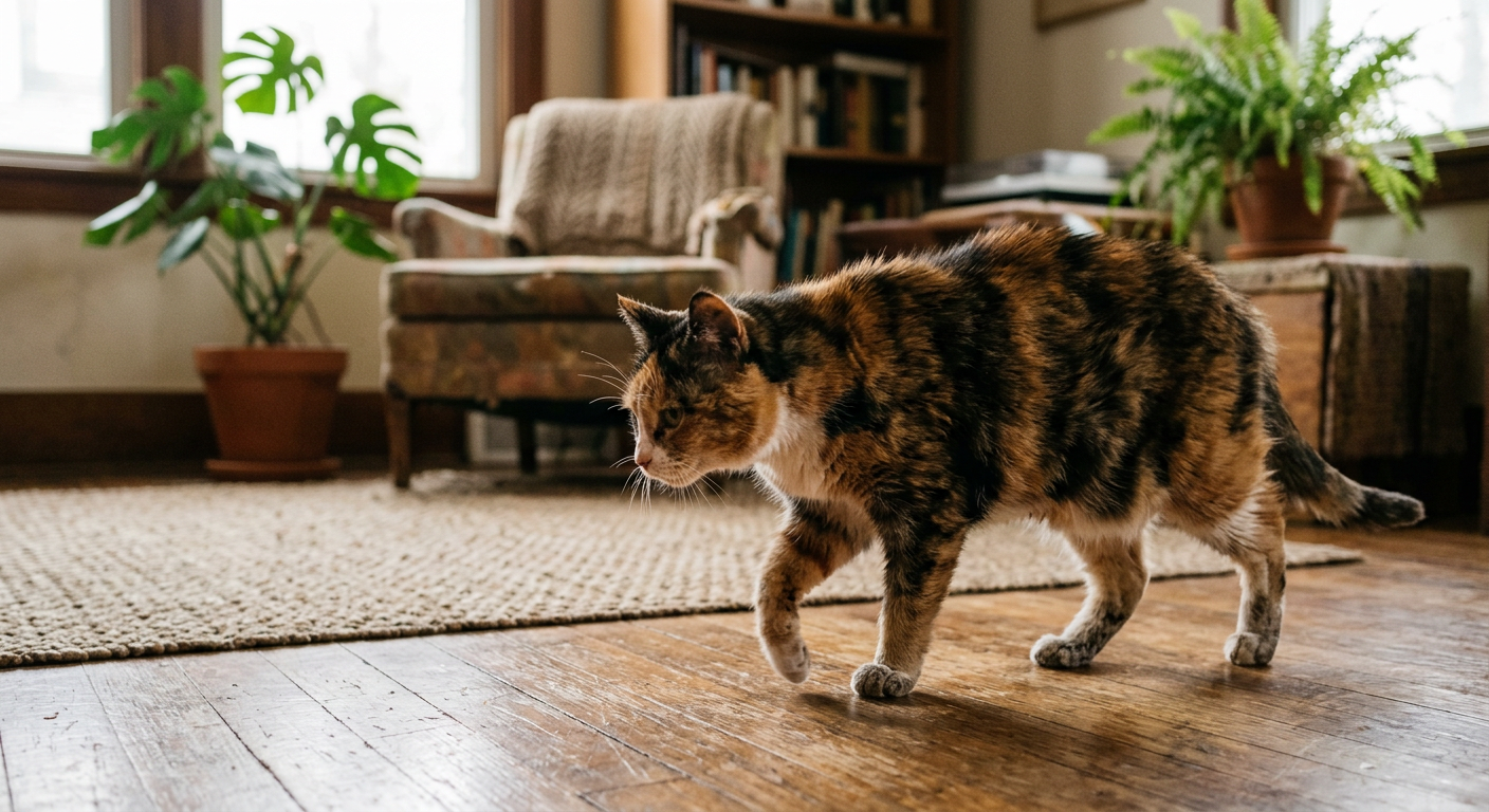 An older Siamese cat walking slowly across a living room rug with a subtle favor on its front limb.