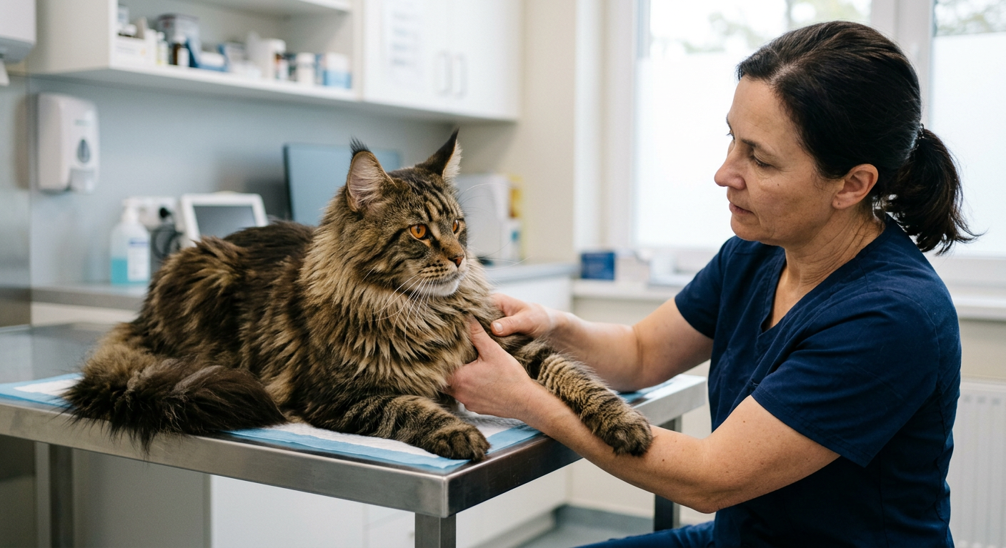 A veterinarian in a clinic environment gently palpating the front leg of a fluffy Maine Coon cat.