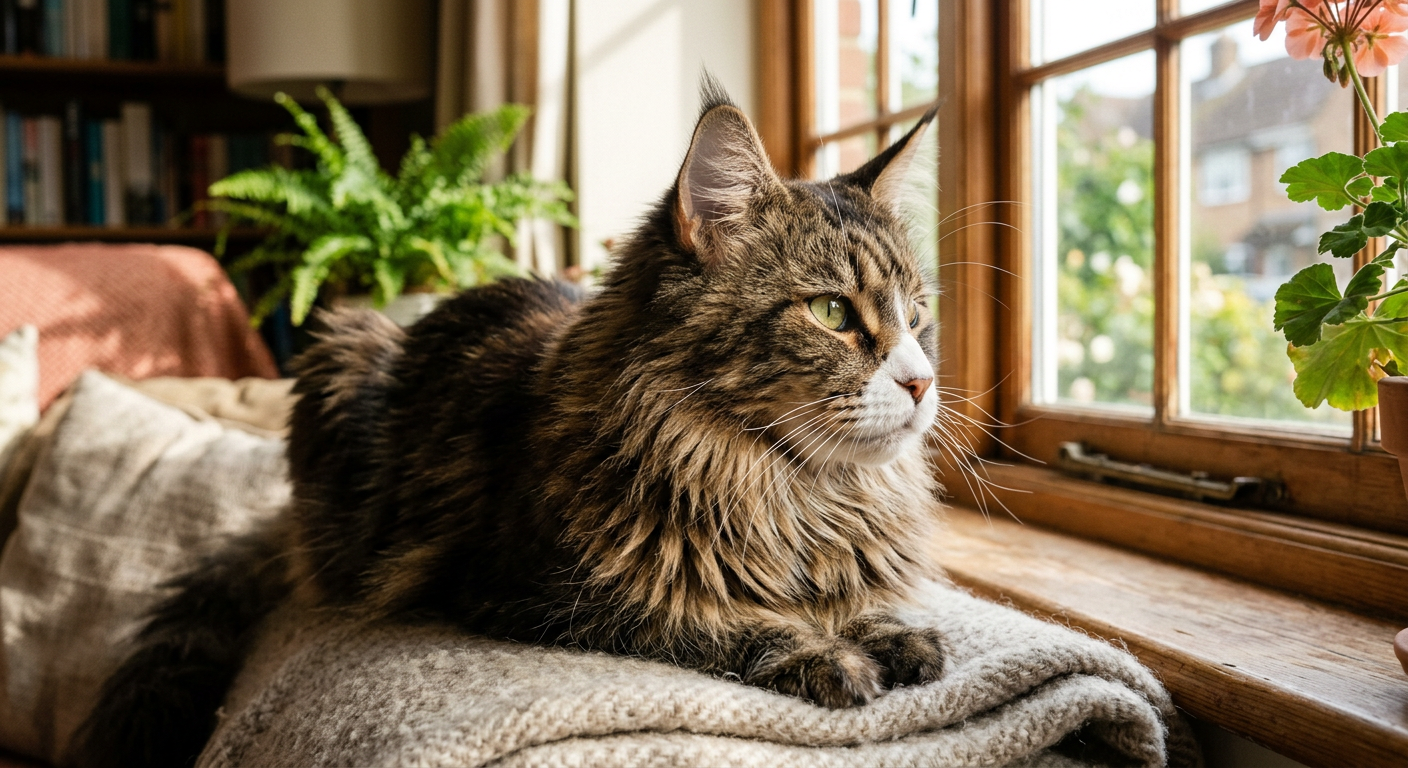 A Siamese cat sitting by a window with natural light showing the thin fur between its eyes and ears.