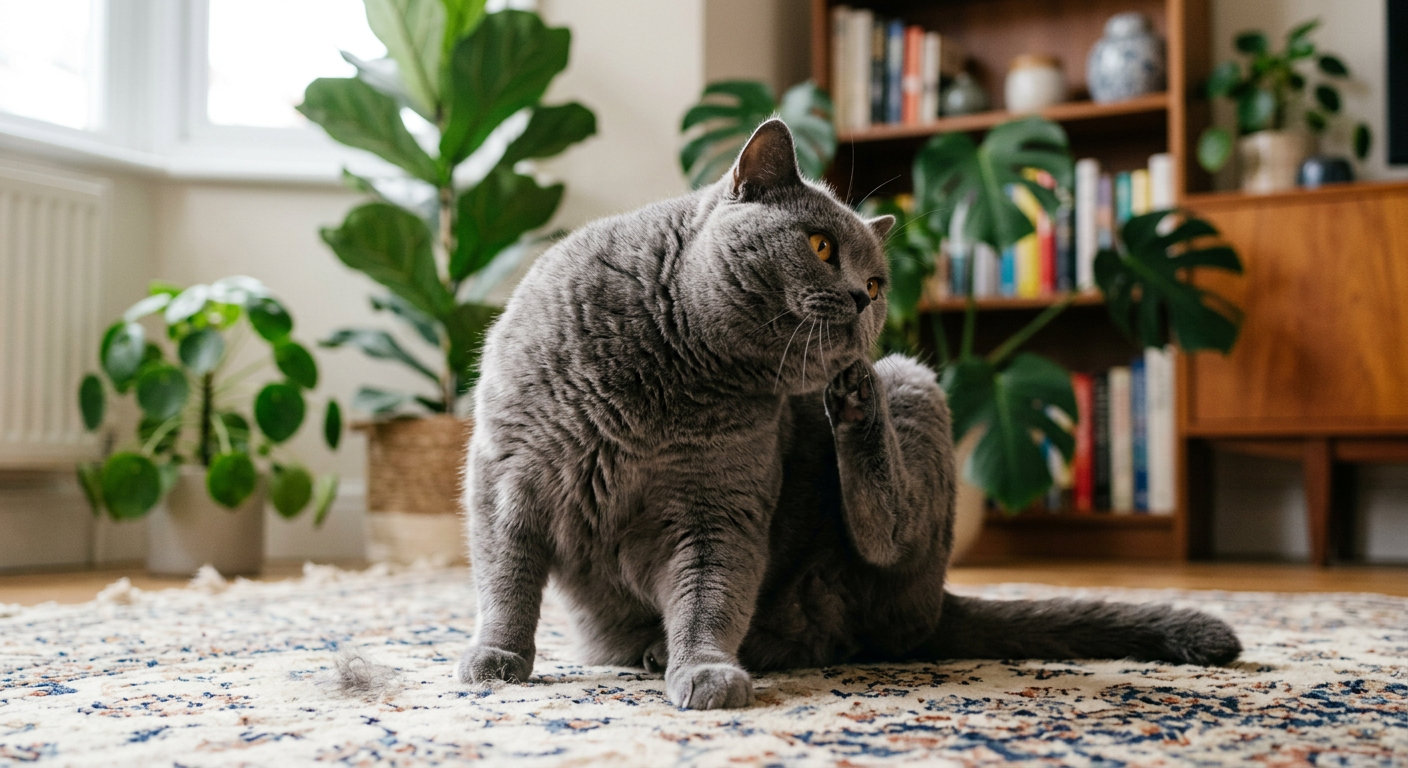 A tabby cat scratching its face with its back paw while sitting on a rug.