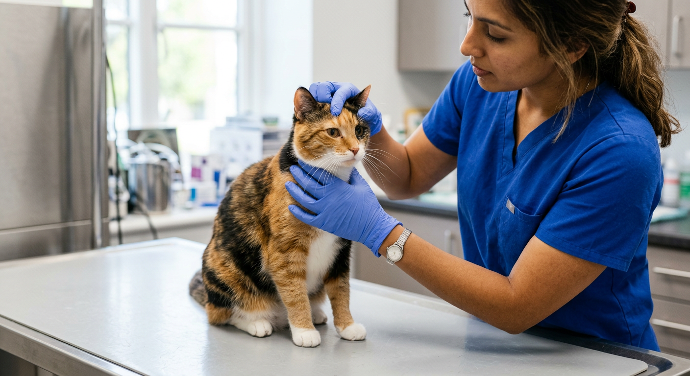 A veterinarian gently examining a cat's face and ears during a check-up.