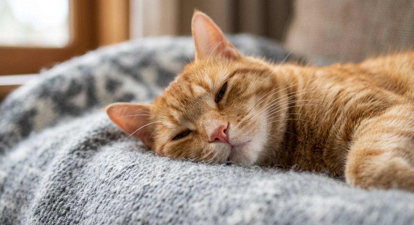 A grey tabby cat resting on a soft blue blanket looking calmly at the camera.