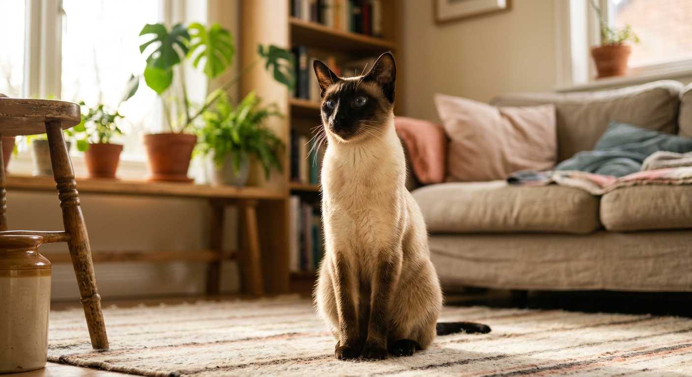 A Siamese cat sitting in a sunbeam looking toward a window with clear airways.