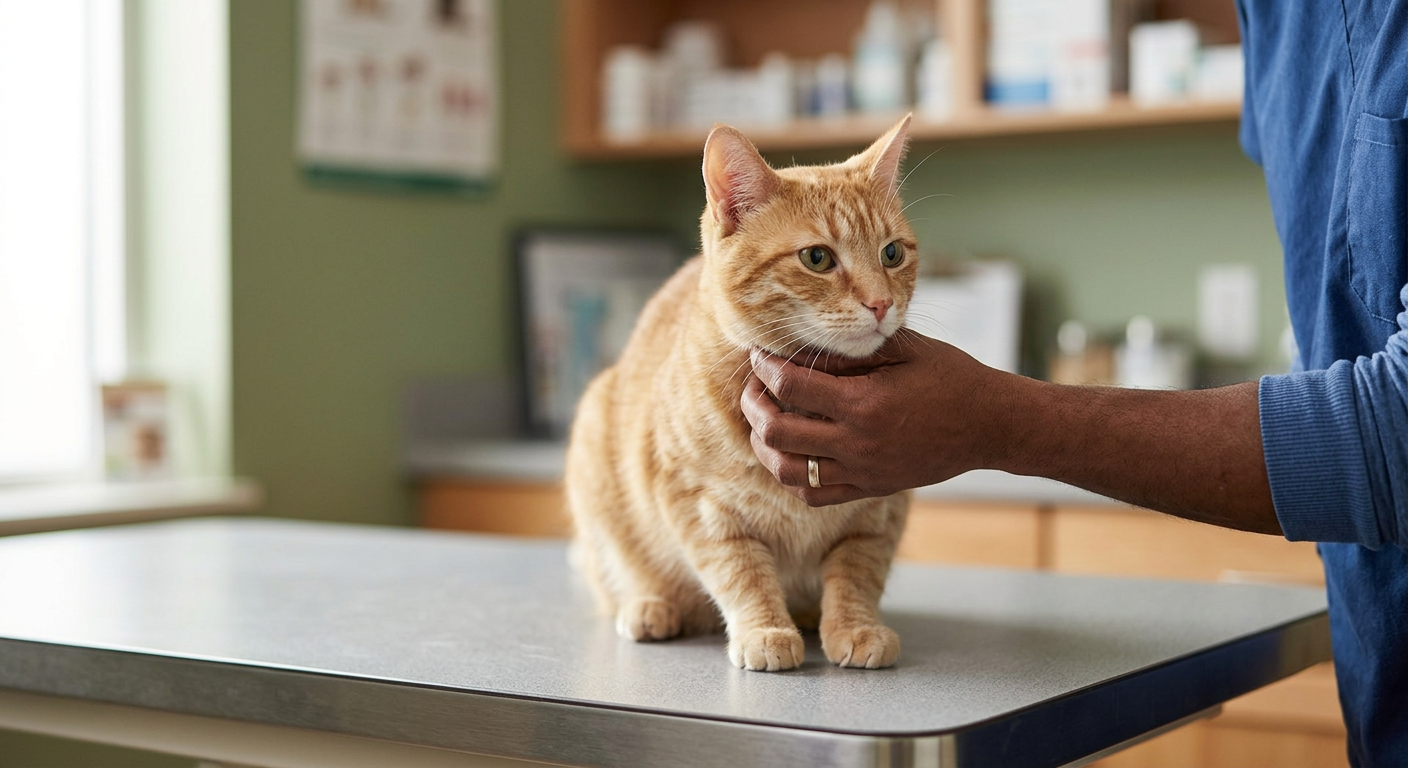 Hand of a veterinarian gently petting a ginger cat during a wellness exam.
