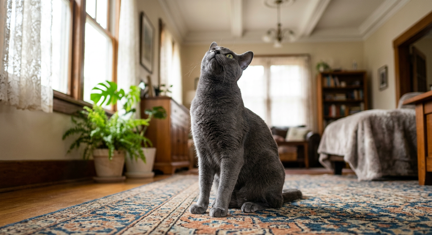 A sleek Siamese cat sitting on a rug and looking up at a white ceiling with curiosity.