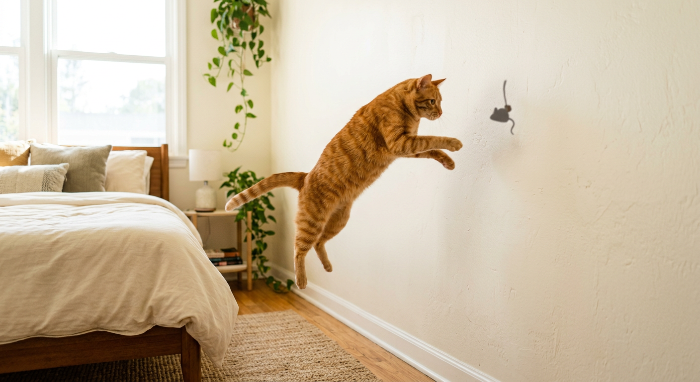 An orange tabby cat jumping playfully toward a shadow on a bedroom wall.