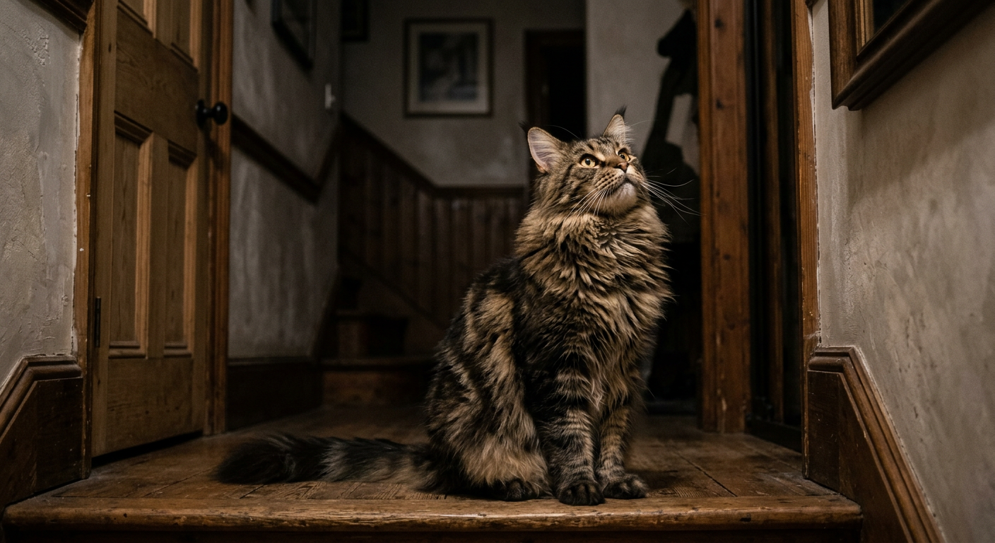 A fluffy Maine Coon cat sitting in a dark hallway looking intently at a corner.