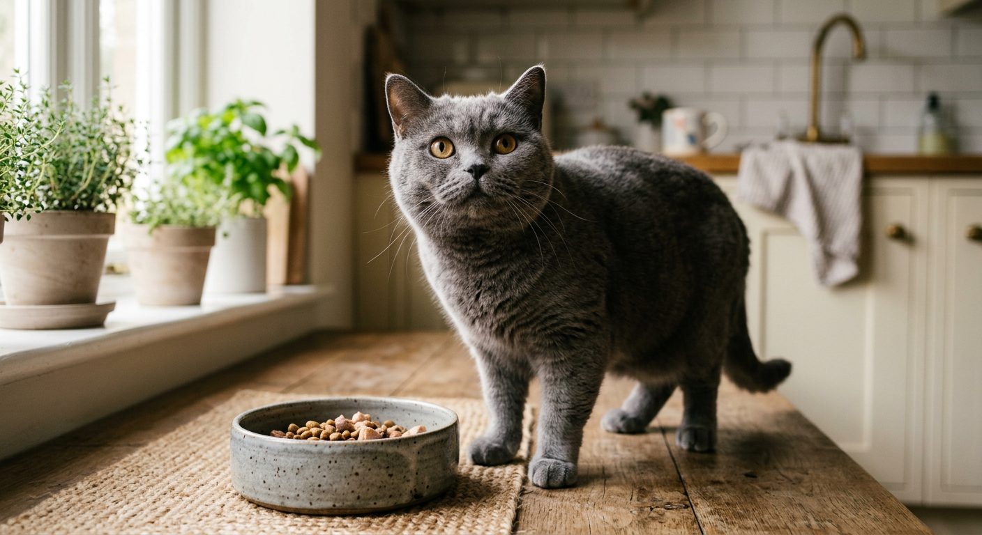 A grey British Shorthair cat looking confused at a half-full ceramic food bowl on a wooden floor.