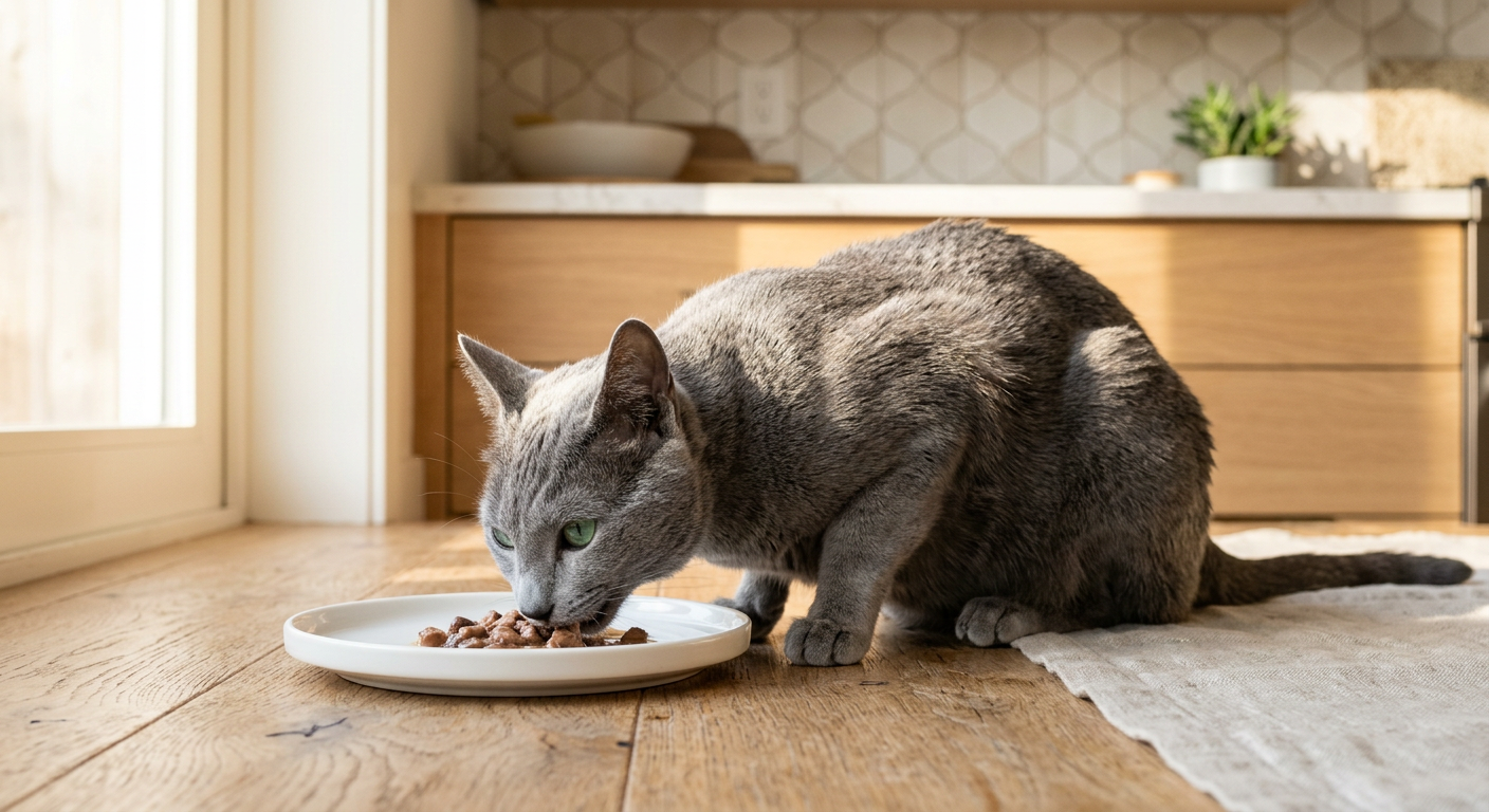 A tabby cat eating peacefully from a shallow white plate in a quiet, sunny kitchen corner.