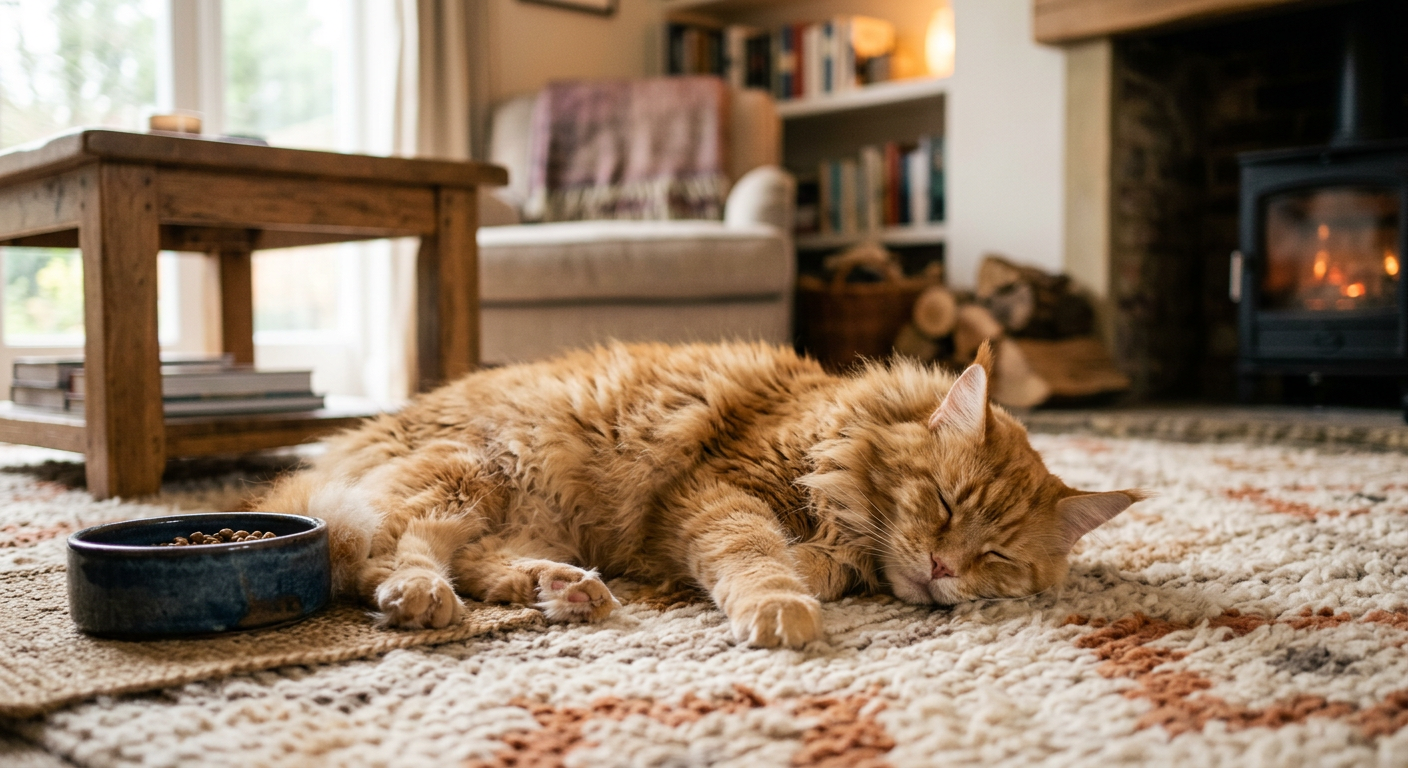 An older ginger cat resting peacefully on a rug near its feeding area in a cozy living room.