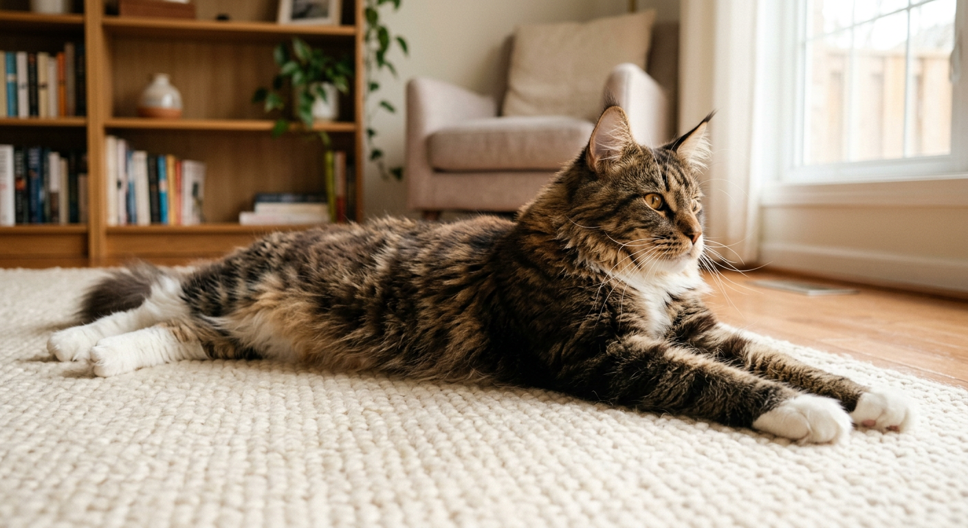 Short-haired domestic cat stretching gently on a soft rug in a sunlit living room.