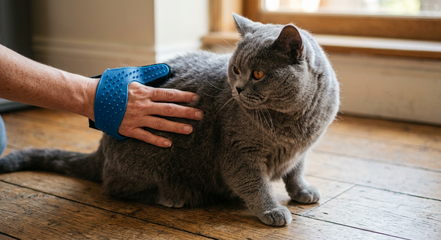 Woman's hand using a soft silicone brush on a calm senior Siamese cat's back.