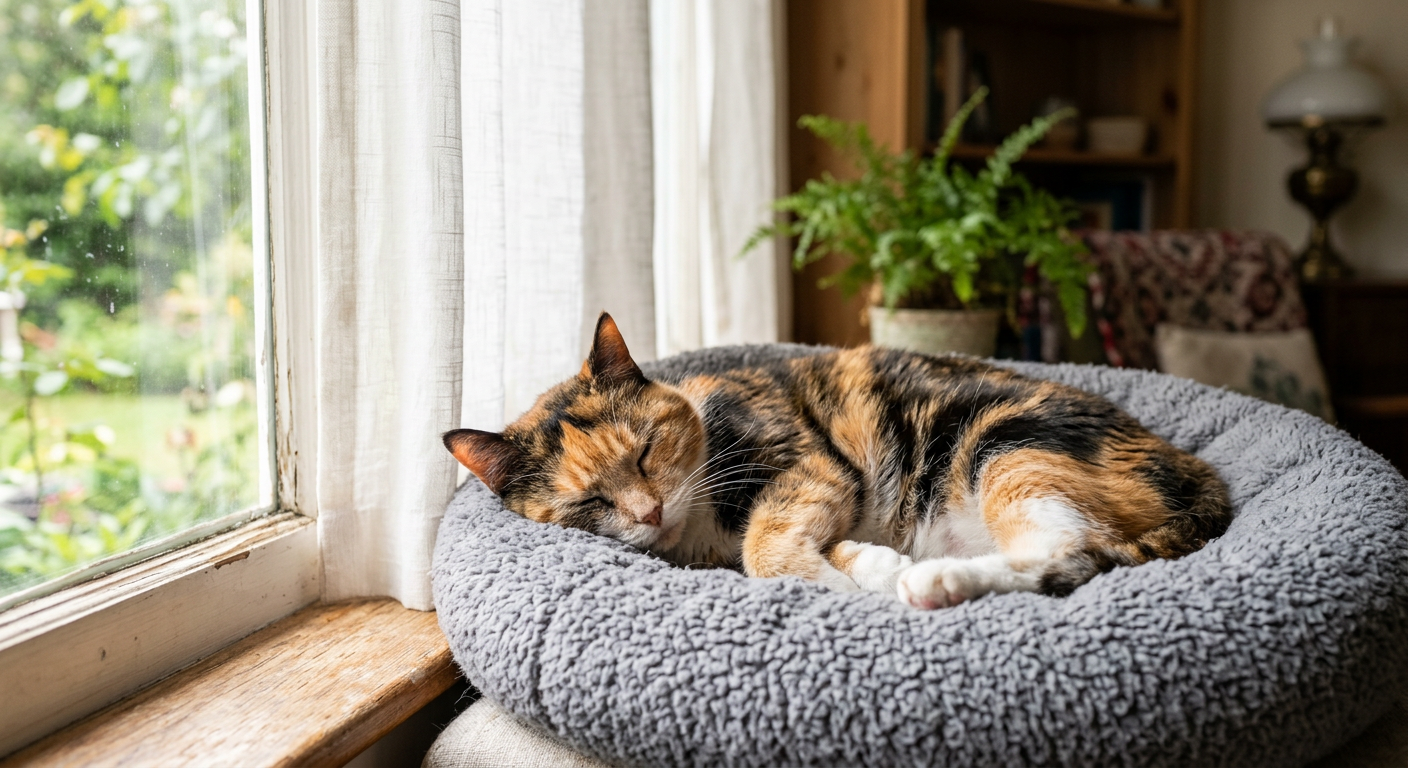 Older tabby cat curled up asleep on a modern heated pet bed near a window.