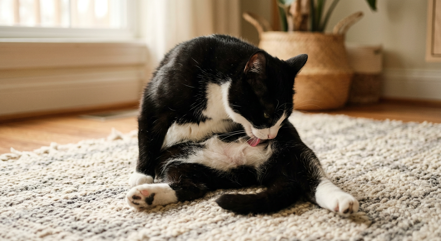 A ginger tabby cat sitting on a rug and licking its belly area intently.