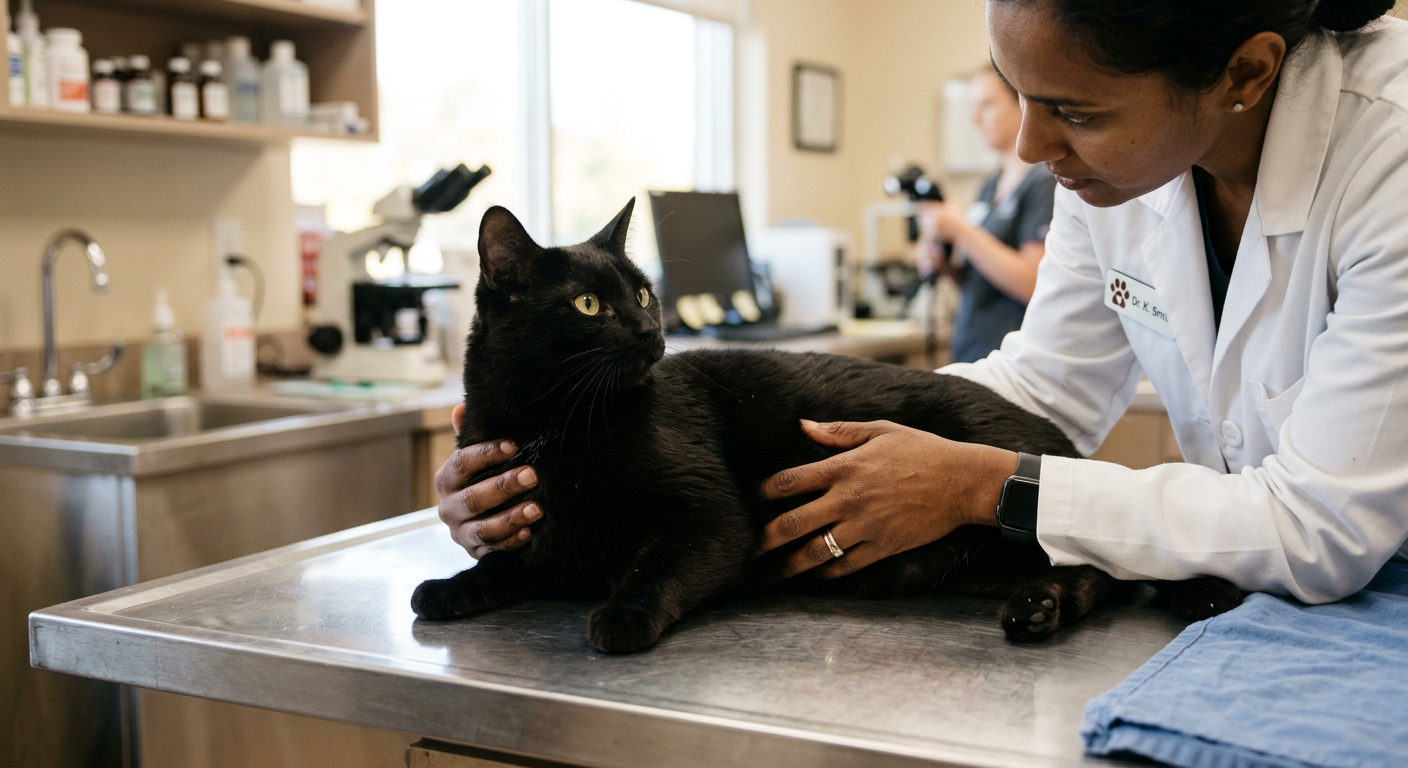 A veterinarian gently examining a Siamese cat's stomach on a clinical table.