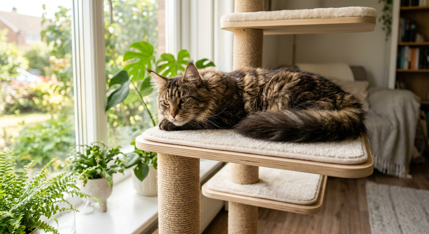 A fluffy Ragdoll cat resting peacefully on a high cat tree near a window.