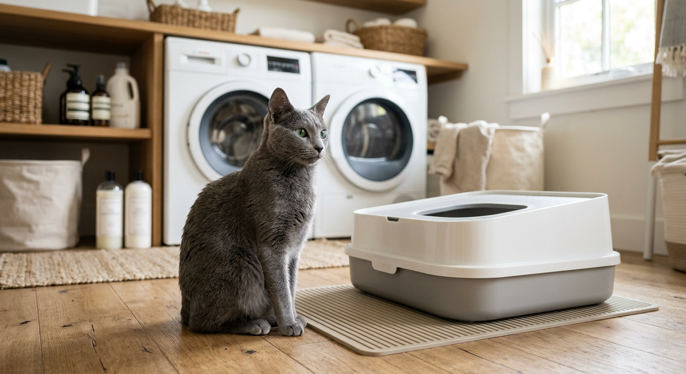 A concerned calico cat sitting near a clean litter box in a bright laundry room.