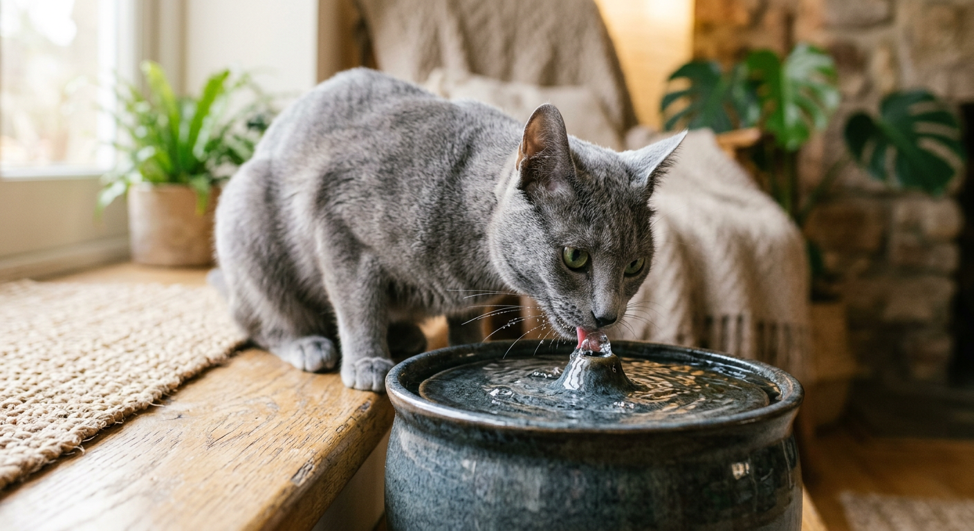 A close up of a cat drinking from a ceramic pet water fountain.
