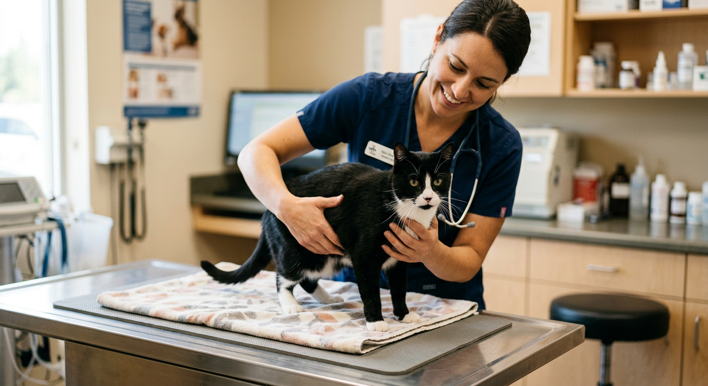 A veterinarian gently examining a cat in a clinic setting.