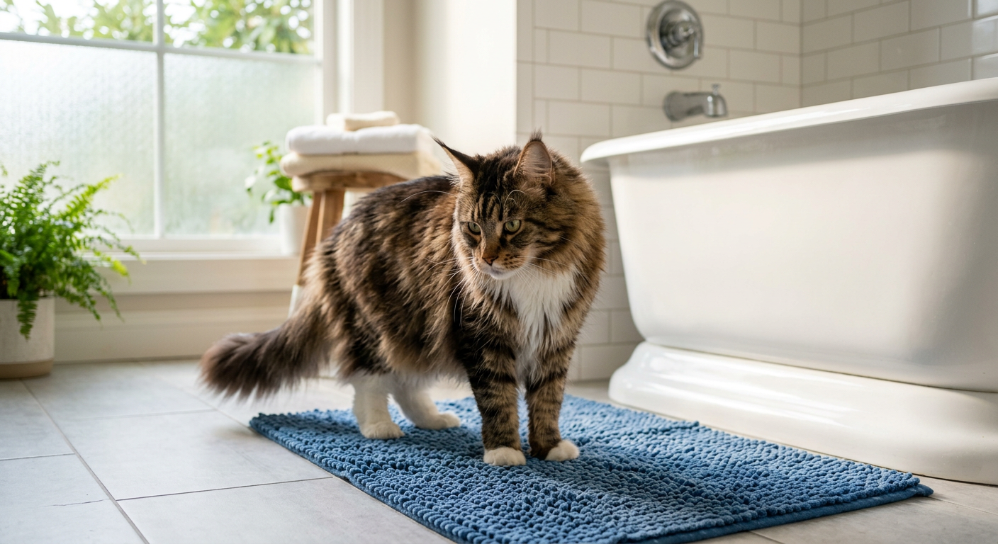 A fluffy Maine Coon cat looking curiously at a blue bath mat in a brightly lit modern bathroom.