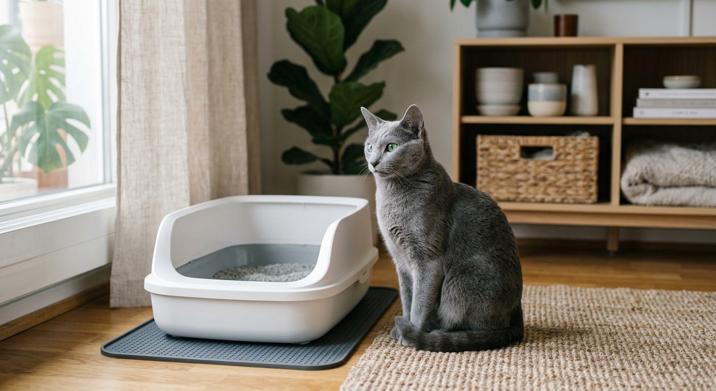 A sleek Russian Blue cat sitting near a clean litter box in a quiet corner of a room.