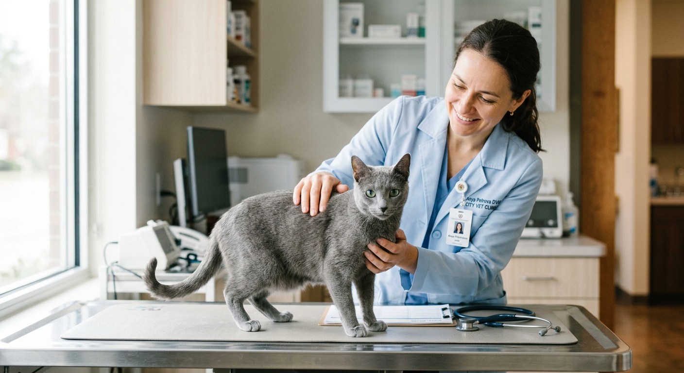 A veterinarian gently examining a calico cat on a silver exam table in a clean clinic.