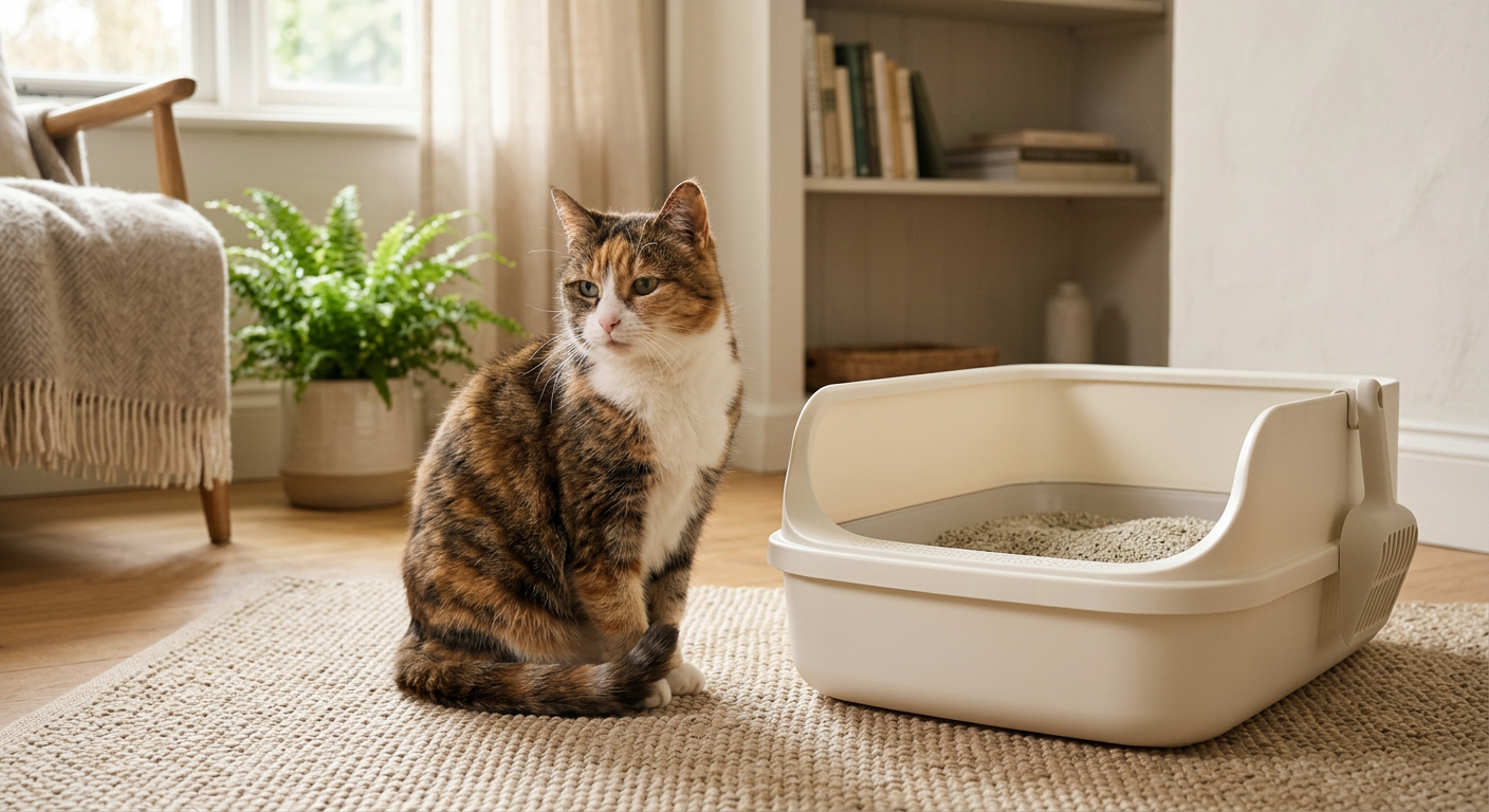 A senior cat sitting calmly next to a clean, open-top litter box in a quiet room.