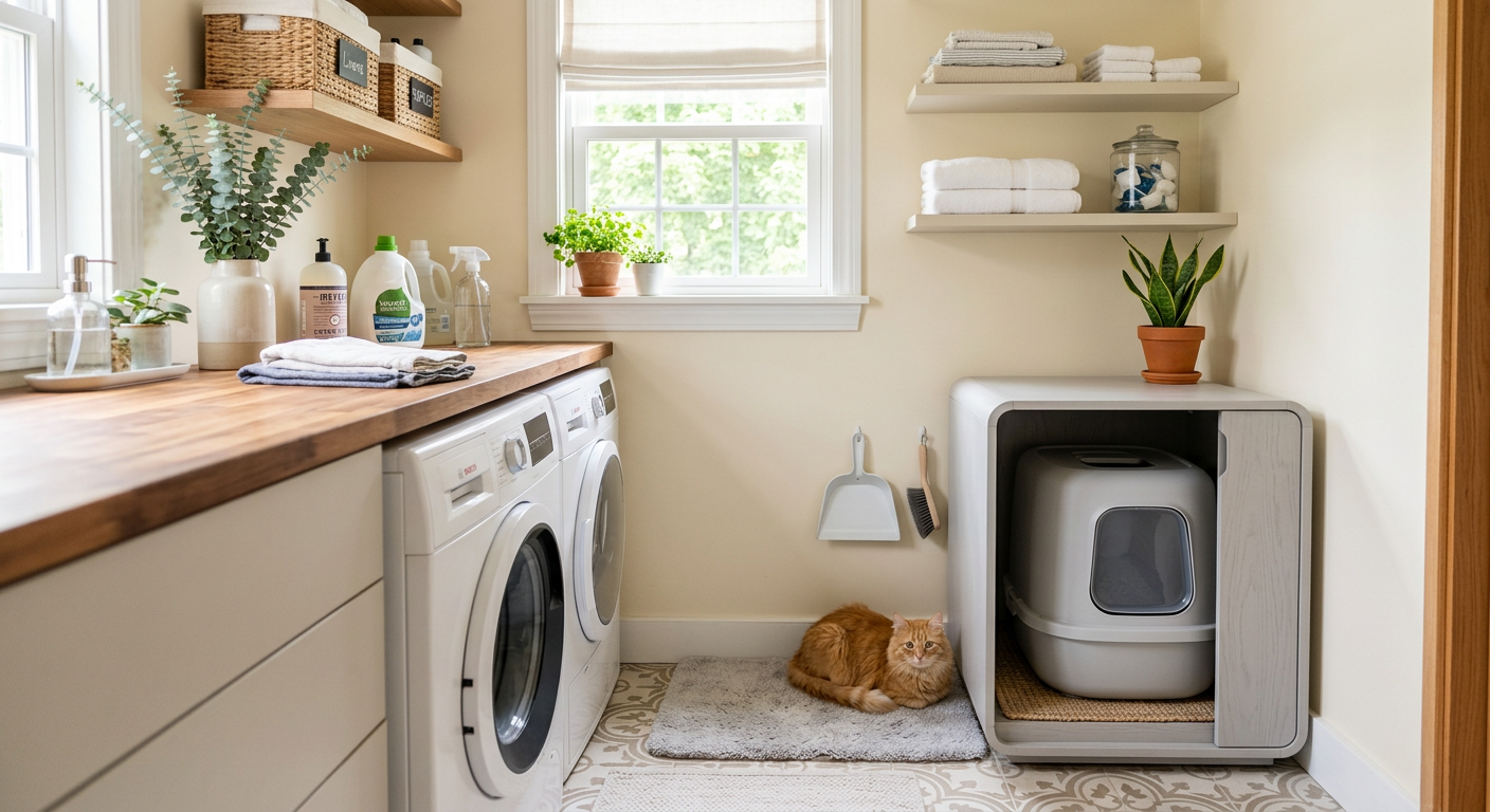 A well-placed cat litter box in a clean, brightly lit laundry room corner.