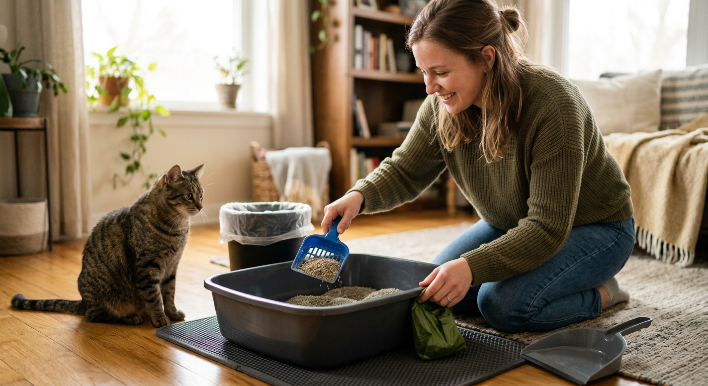 A pet owner using a plastic scoop to clean a cat's litter box.