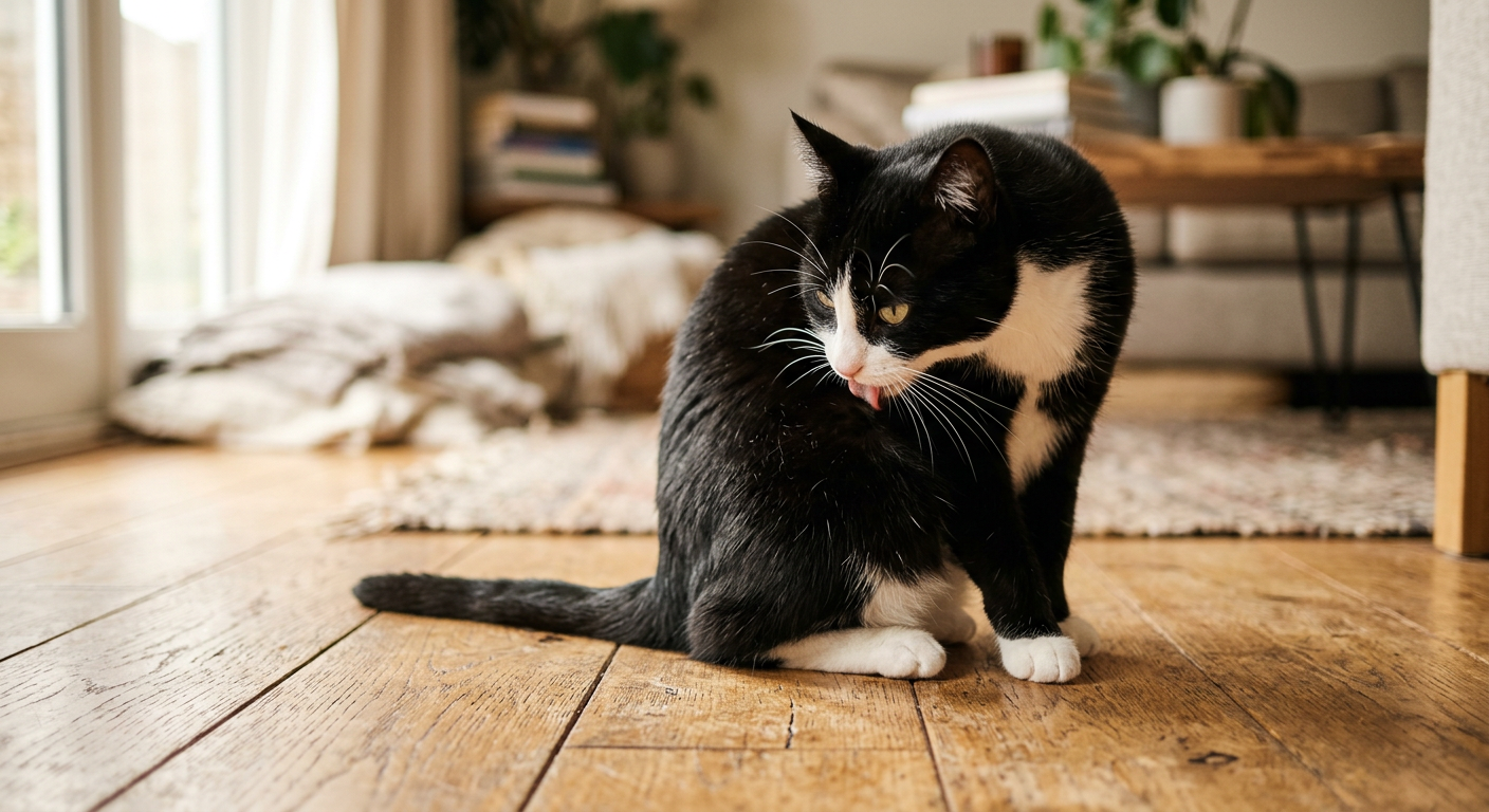 A grey cat sitting on a wooden floor licking its side intensely, showing slight thinning of the fur.