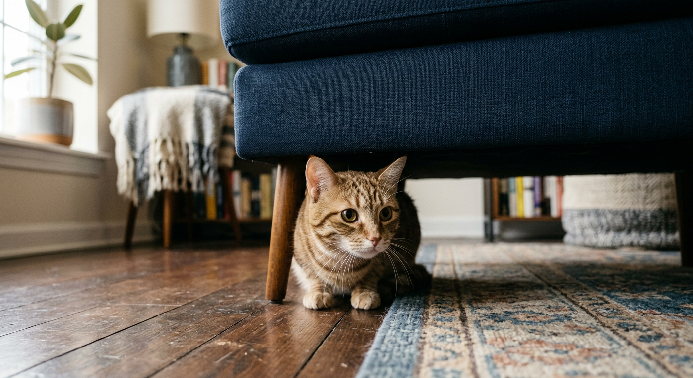 A ginger cat hiding under a blue sofa with only its eyes visible.