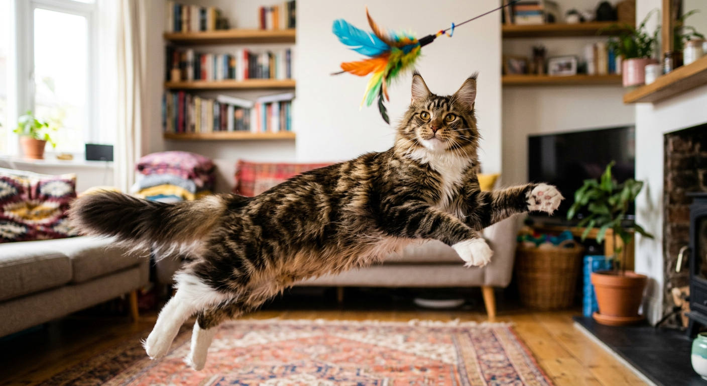 A Calico cat pouncing on a colorful feather toy attached to a string.