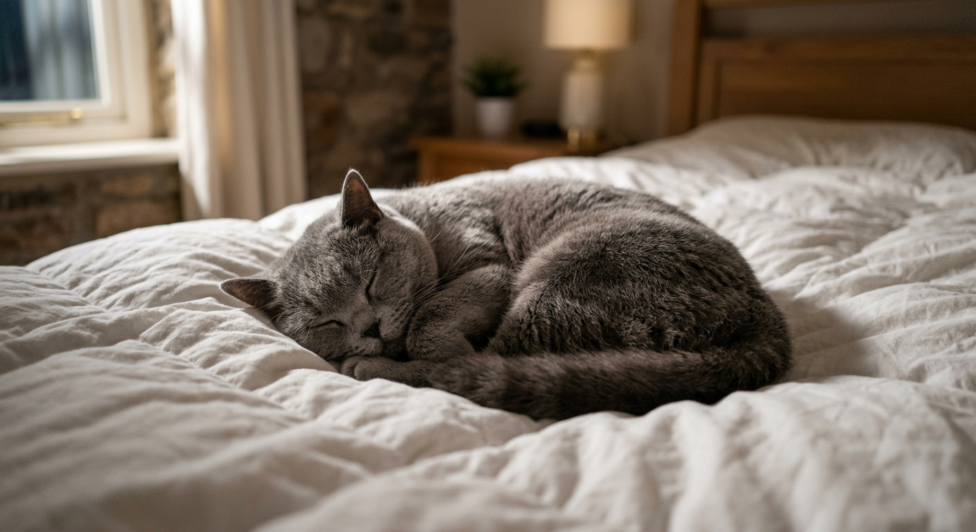 A fluffy Siamese cat purring contentedly while curled up on a white duvet under moonlight.