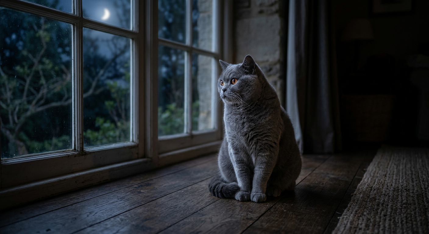 A grey British Shorthair cat sitting on a wooden floor near a window at night.