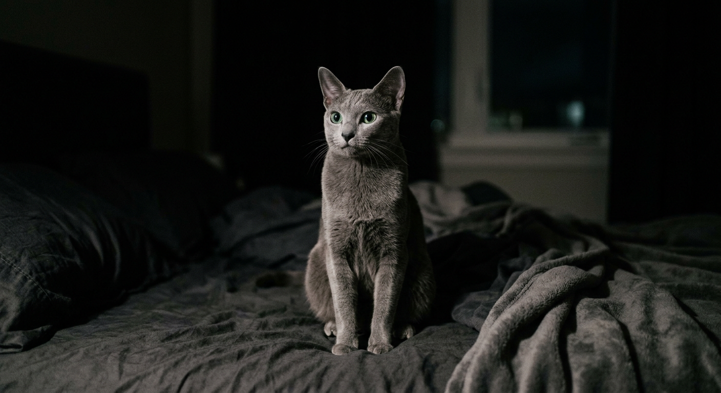 A black and white tuxedo cat sitting upright on a bed at night with glowing eyes.