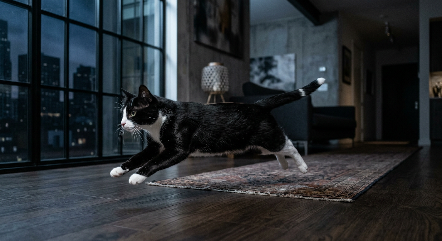 A sleek black cat mid-sprint across a living room floor at night with motion blur.