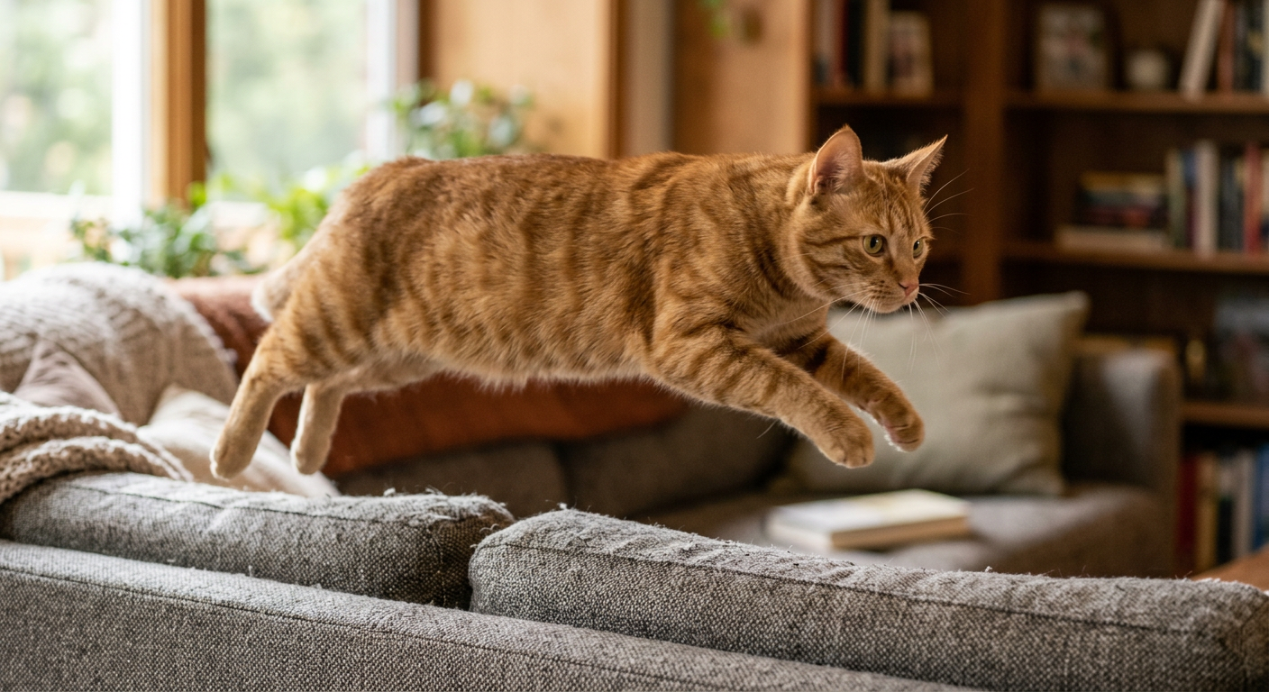 A ginger tabby cat jumping off a sofa during a burst of energy.