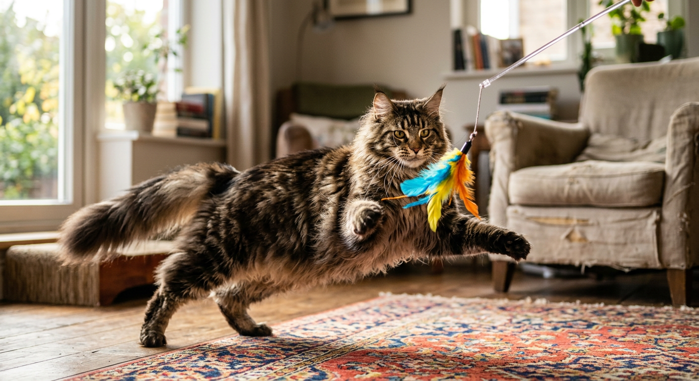 A Siamese cat playing with a colorful wand toy held by a person.