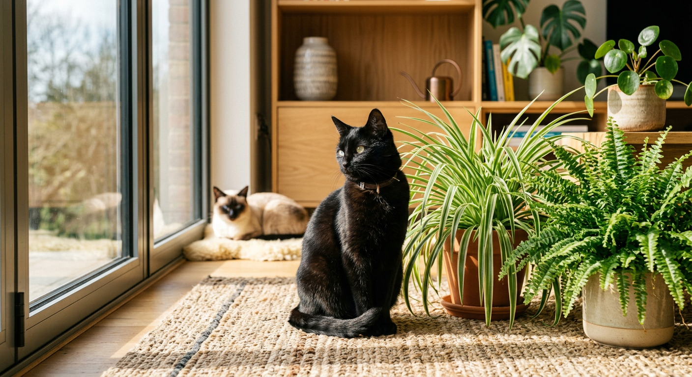 A bright modern living room featuring various non-toxic plants like spider plants and ferns on high shelves near a Siamese cat.