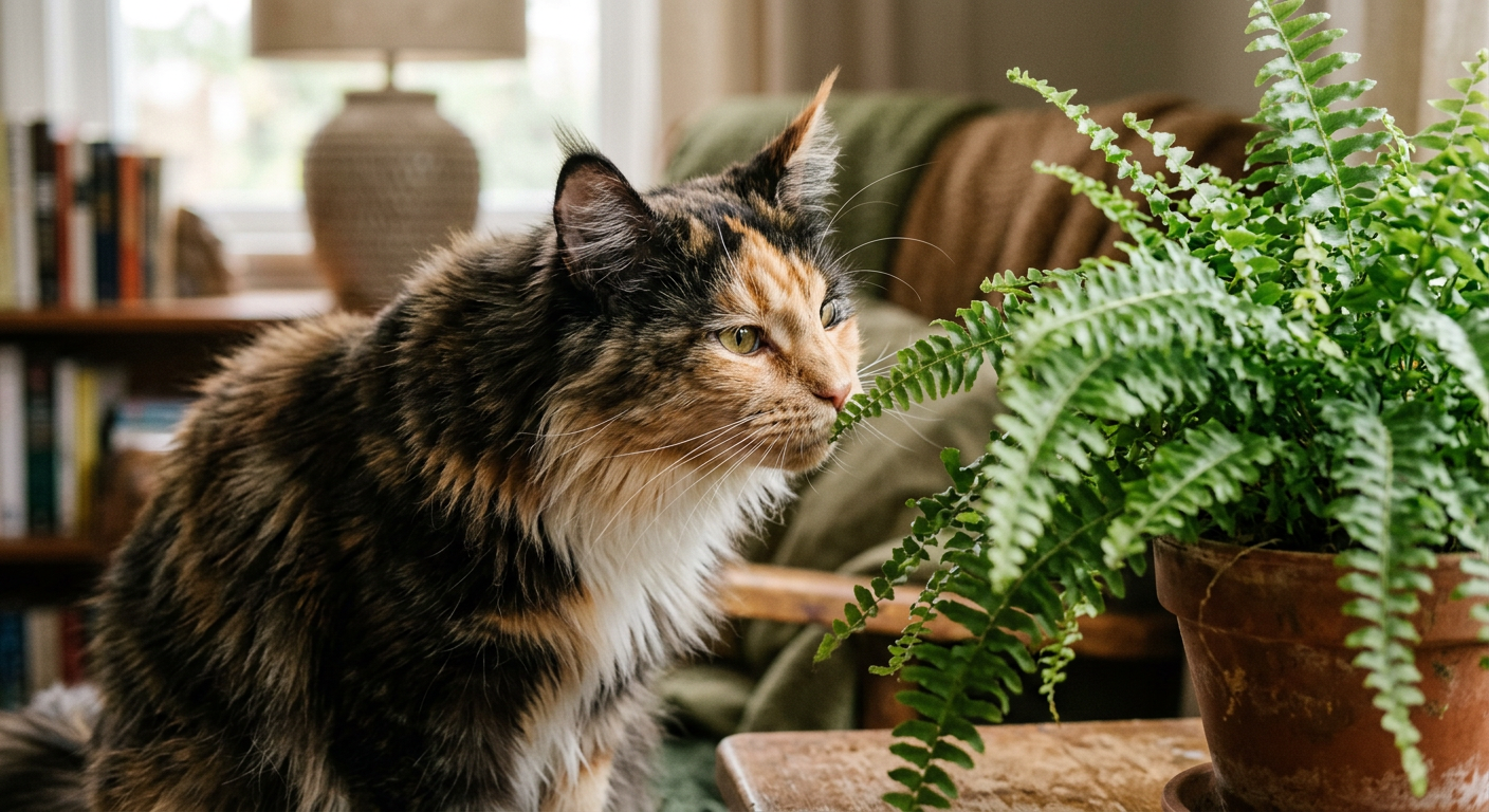 A fluffy Calico cat sniffing a non-toxic green fern in a white ceramic pot on a wooden table.